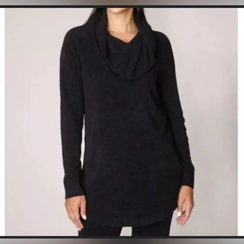 Women's Barefoot Dreams Cozy Chic Ultra Lite Coastal Cowl Neck Tunic Black Knit